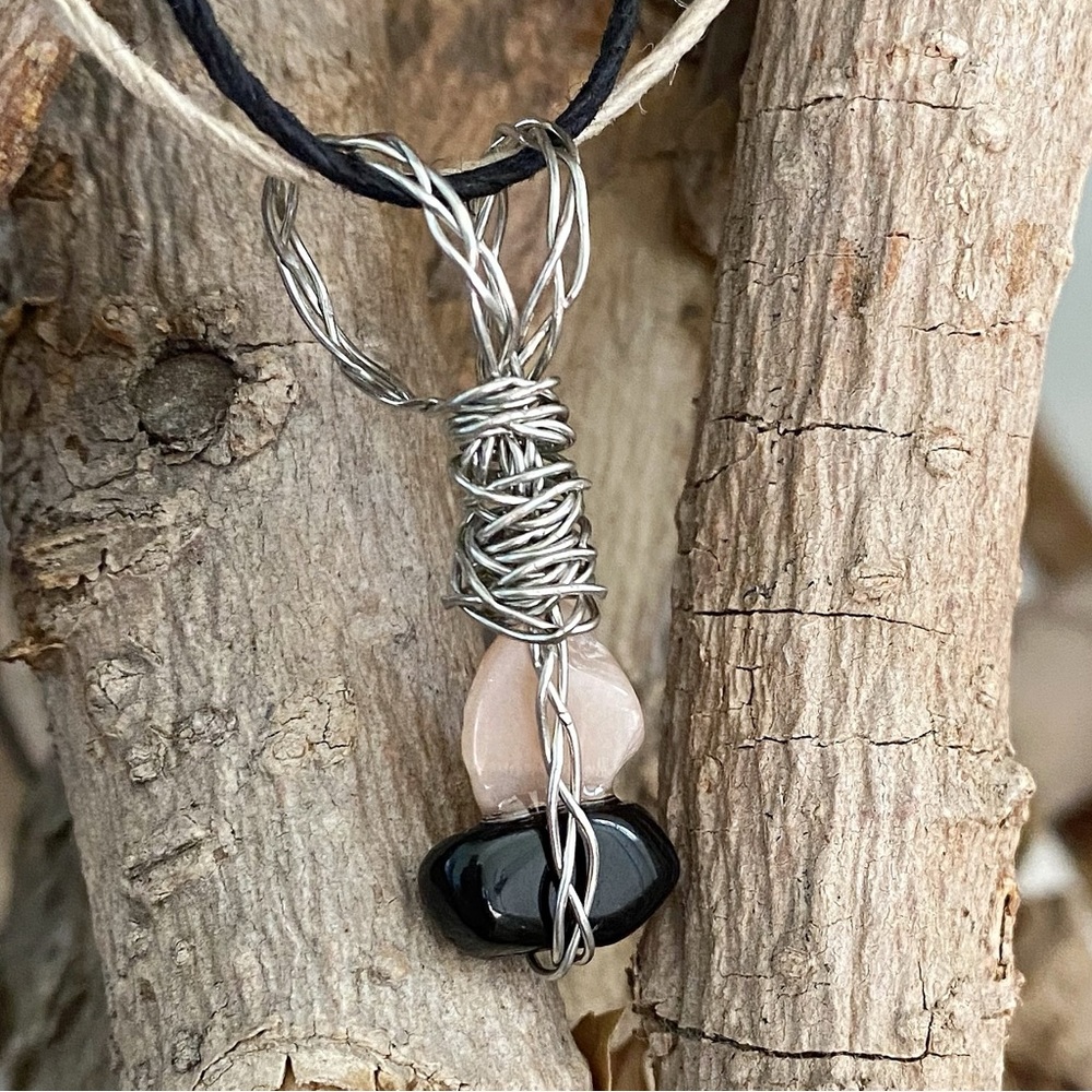 3/$40 Handcrafted Genuine Black Obsidian Moonstone Braided Wire Pendant Necklace